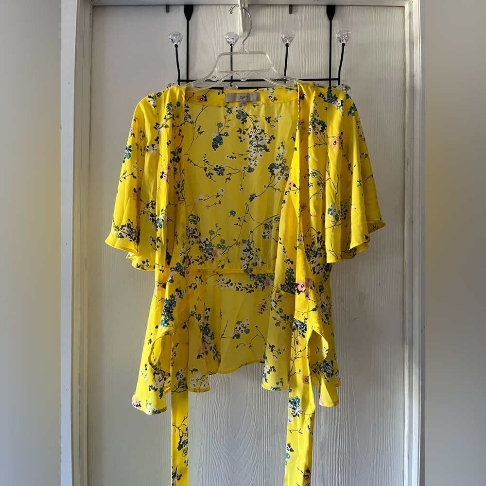LOFT Yellow Floral Wrap-Tie Blouse - Picture 4 of 9